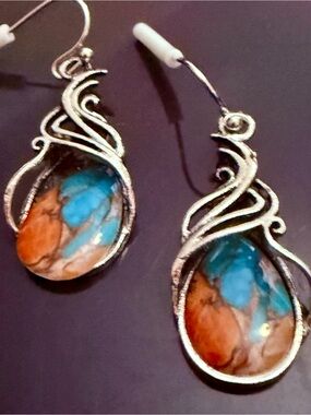 Turquoise & Orange Teardrop Stone Dangle Earrings - Women Jewelry